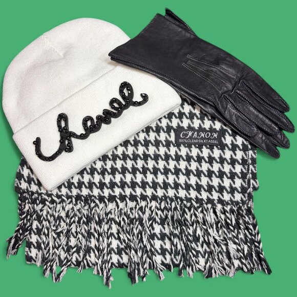 SILK TASSEL SCARF (6 FT) W/ BLACK LEATHER GLOVES AND SOFT WHITE HEAD WARMER CAP - Picture 1 of 3